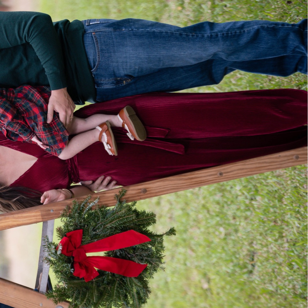 Maroon gorgeous jumpsuit with front tie bow. Perfect for family pictures